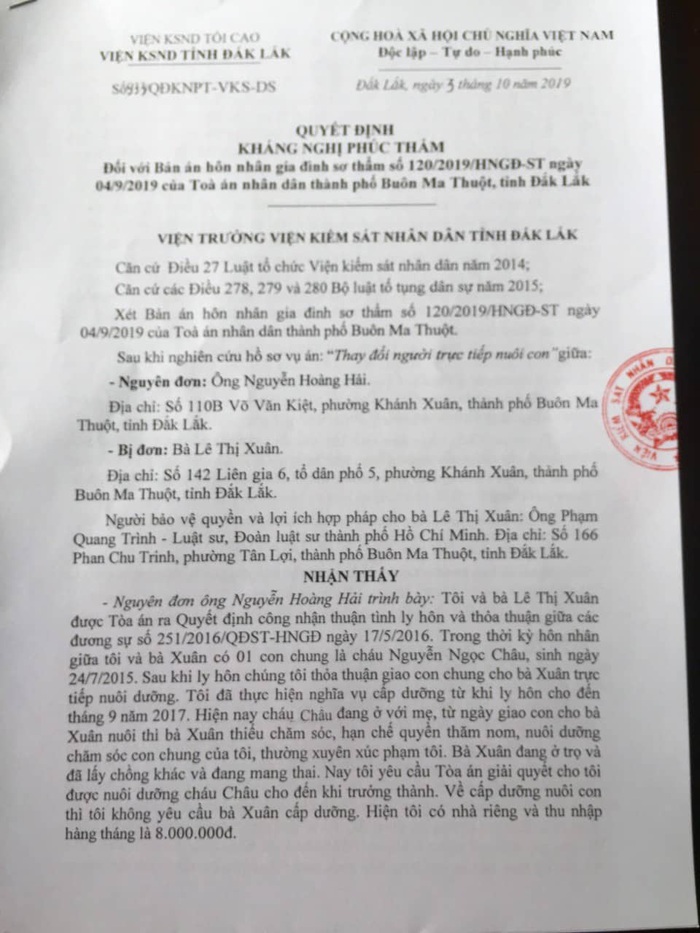 Vụ tranh chấp quyền nuôi con sau ly hôn ở Đắk Lắk: Kháng nghị bản án sơ thẩm vì những sai lầm nghiêm trọng - Ảnh 1.