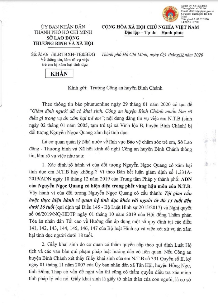 Sở LĐTB và XH TPHCM gửi công văn khẩn về việc bé gái 14 tuổi bị đưa vào khách sạn  - Ảnh 1.