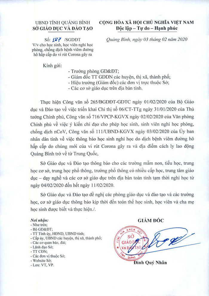 Quảng Bình cho học sinh nghỉ học đến 11/2 để phòng dịch nCoV - Ảnh 1.