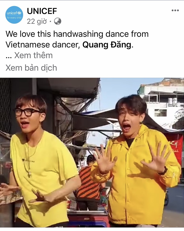 Trang Facebook của UNICEF chia sẻ clip Vũ khúc rửa tay của Quang Đăng