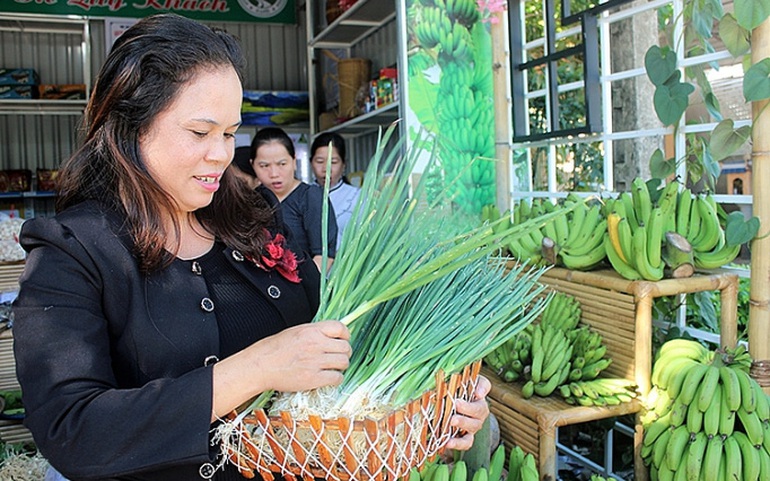 Bà Lê Thị Quỳnh Tường, Chủ tịch Hội LHPN huyện A Lưới giới thiệu quy trình sản xuất sản phẩm sạch của HTX Sản xuất và kinh doanh nông sản an toàn