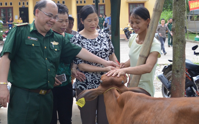 Bộ đội Biên phòng tỉnh Lạng Sơn trao bò giống cho phụ nữ nghèo trong "Chương trình đôngf hành cùng phụ nữ biên cương"