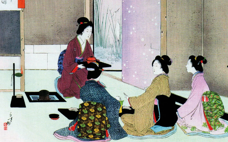 Tranh minh họa phụ nữ mặc kimono tham gia nghi lễ trà đạo của Nhật Bản cuối thế kỷ 19 của Toshikata Mizuno