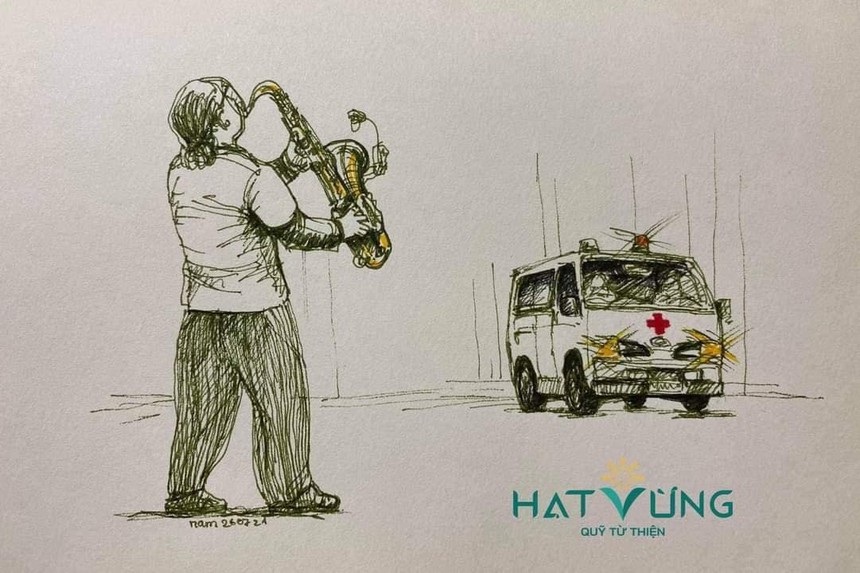 Một phác họa hình ảnh Trần Mạnh Tuấn trình diễn bên cạnh xe cứu thương tại bệnh viện dã chiến