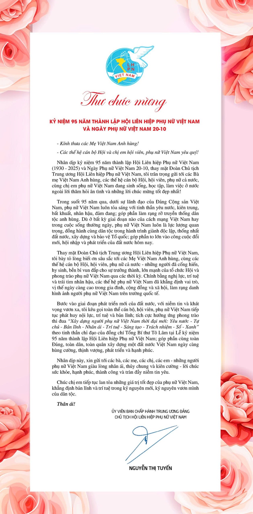 Thư chúc mừng nhân Kỷ niệm 95 năm thành lập Hội LHPN Việt Nam và Ngày Phụ nữ Việt Nam 20-10
- Ảnh 1.