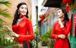 Họa sĩ, diễn viên Lương Giang xúng xính áo dài đỏ đón xuân