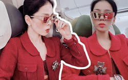 Lệ Quyên diện nguyên cây đỏ nhưng đáng chú ý nhất là vật thể trong mắt kính của cô