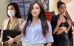 Đỗ Thị Hà tất bật "chạy show", mặc nguyên đồ diễn đến trường thi
