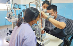 Một phụ nữ bị vỡ thủy tinh thể khi đứng xem máy cắt cỏ hoạt động