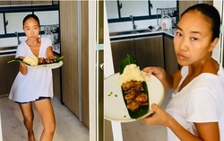 "Cười bể bụng" cảnh nữ ca sĩ Đoan Trang bưng đồ ăn đãi hội chị em