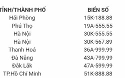10 biển số ngũ quý, tứ quý ở Hà Nội, TPHCM và 8 tỉnh, thành phố được chọn đấu giá lần đầu ngày 22/8