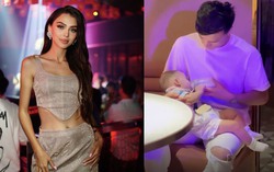 Thủ môn Bùi Tiến Dũng cặm cụi cho con uống sữa khi vợ Tây "quẩy" tưng bừng cùng bạn bè