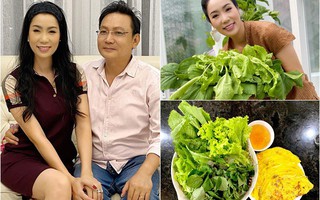 Ông xã trồng rau xum xuê, Trịnh Kim Chi thích thú "ra tay" làm bánh xèo đãi cả gia đình