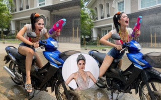 Nhận không ra Hoa hậu Hoàn vũ Thái Lan khi lên đồ đi “quẩy” Songkran bằng xe máy  