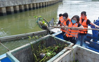 Nữ tình nguyện viên dọn rác trên kênh Nhiêu Lộc - Thị Nghè